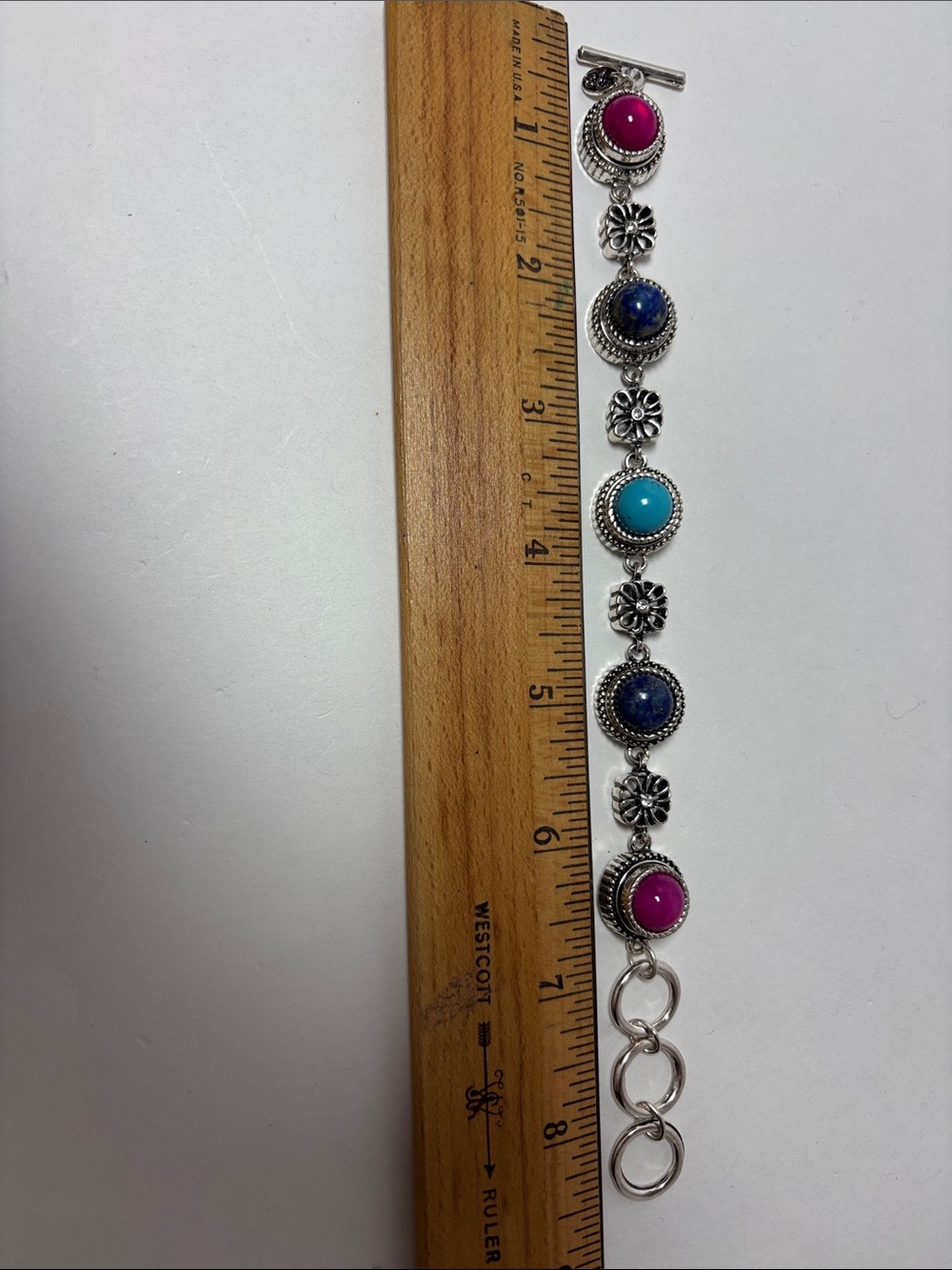 Style Dots Silver  Tone Multi-Stone Bracelet with Pink, blue, turquoise buttons.